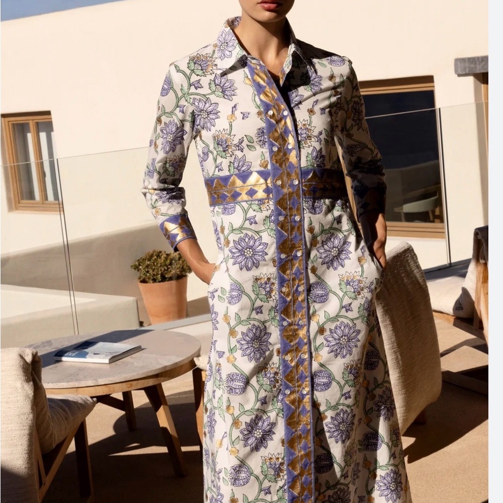 Oliphant MAXI Presido Blue sold out White Floral maxi Shirt Dress with Gold